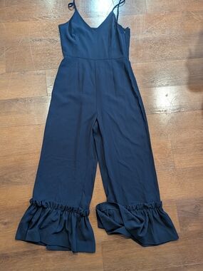 Giani Bini Navy Ruffle-Hem Wide-Leg Jumpsuit